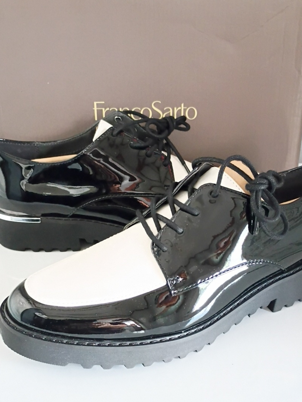 Franco Sarto Black and White Patent Leather Derby Oxfords